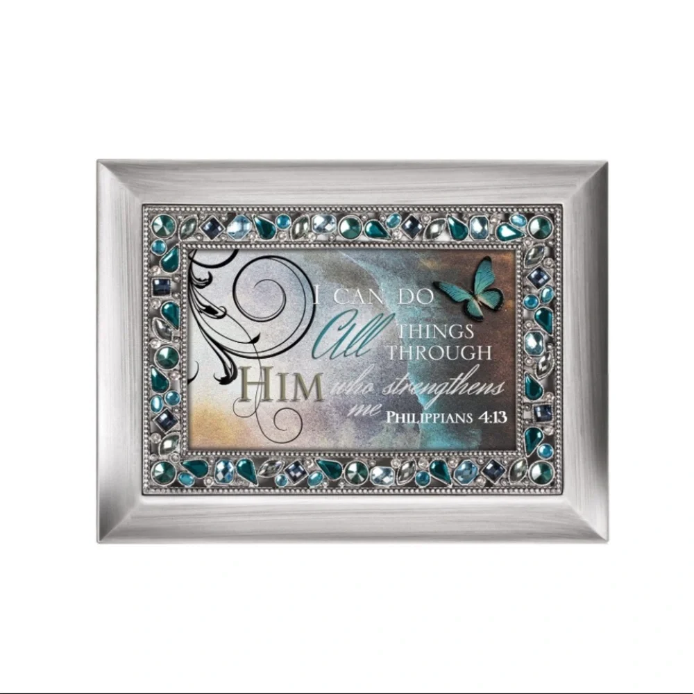 “Can Do All Thing Through Him” Brushed Silvertone Jeweled Music Box